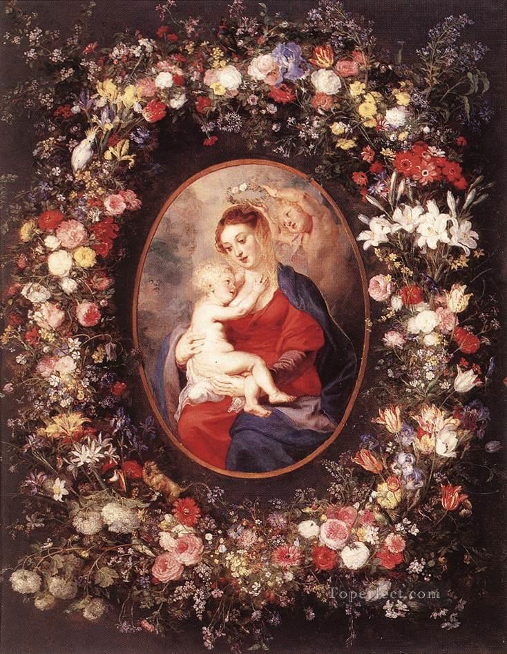 バロック様式の花輪をかぶった聖母子 ピーター・パウル・ルーベンスの花柄油絵
